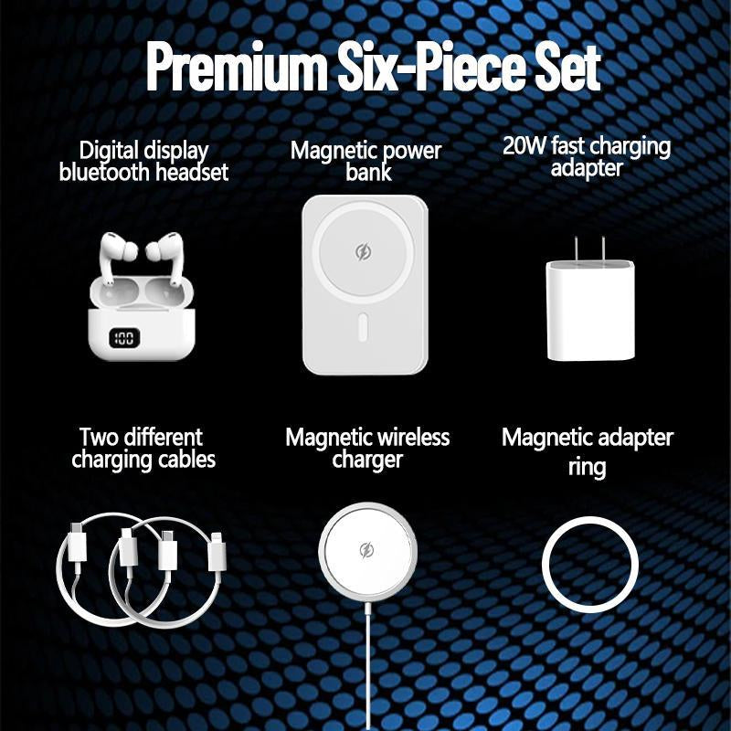 ARTCYBER 6-In-1 Charging Kit: Fast Charge, Magnetic Power Bank, Wireless Charger, Type-C to Fast Charging Cable, Adapter & Audio Support, Compact & Portable.